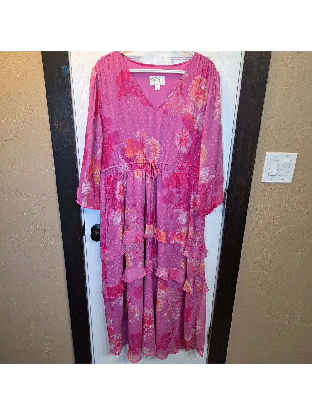 365 by Destination Pink Floral Tiered Maxi Dress- Large